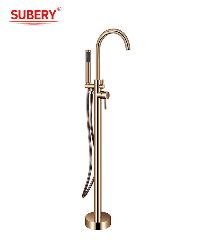 OEM Single Lever Free Standing Tub Faucet Floor Mount With Diverter Rose ทองแดง